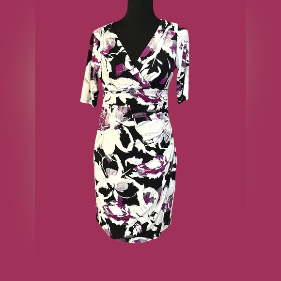 Ralph Lauren Women's Faux Floral Wrap Midi Dress V-Neck Jersey Stretch EUC Sz 10 - Picture 8 of 16